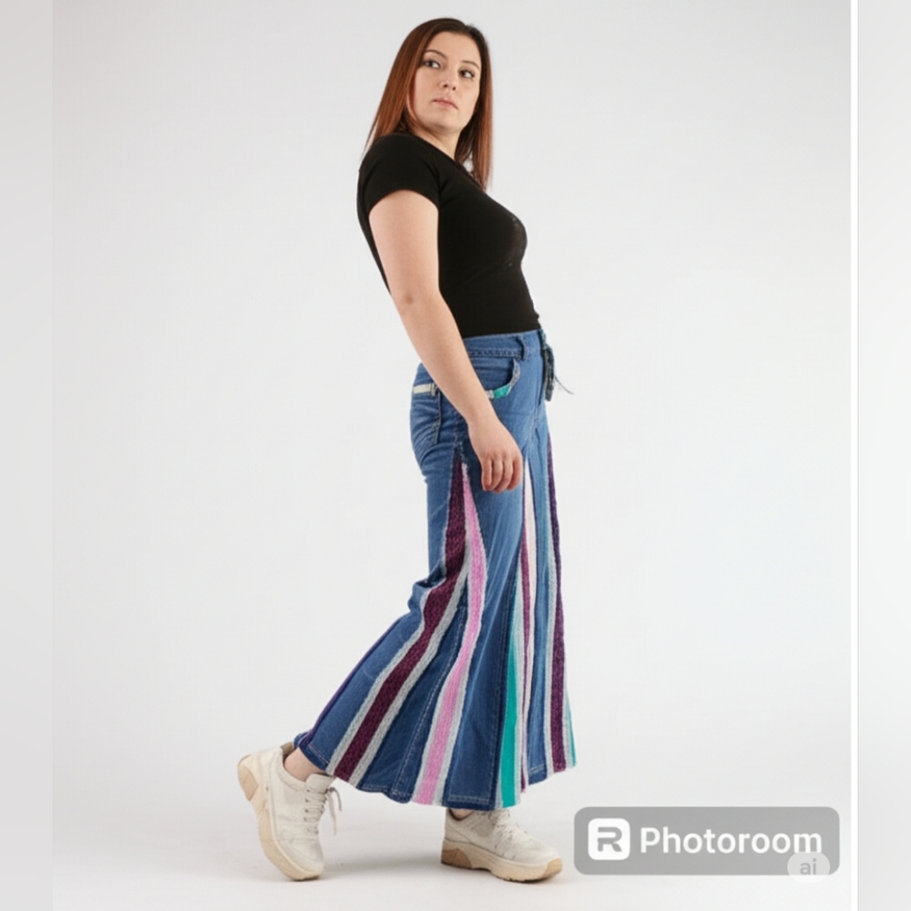 Upcycled Maxi Skirt  Denim Blue Jeans Floral Geometric Teal Pink Gray Embroidery